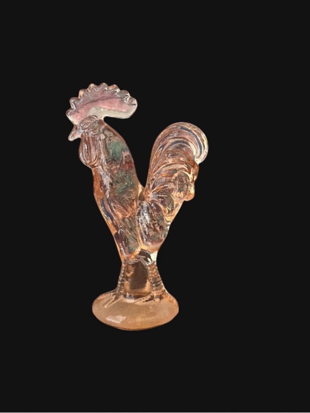 Depression style peach 🍑 colored Glass Rooster Figurine in Amber Tones 4.25”